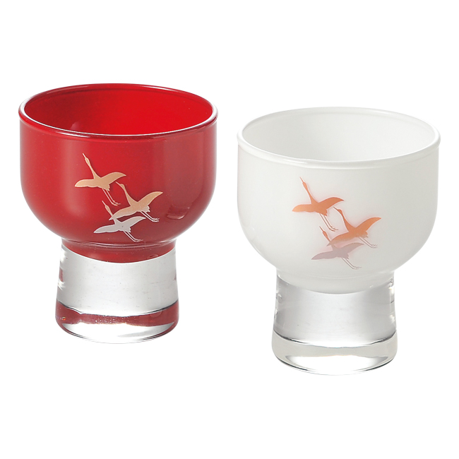 ぬりもんde Verre 盃 紅白ペア 蒔絵 千羽鶴 桐箱入 No.35